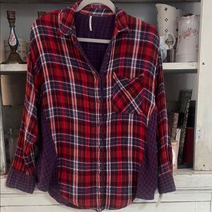 Free People Red and Blue Plaid Button Down Shirt Size XS